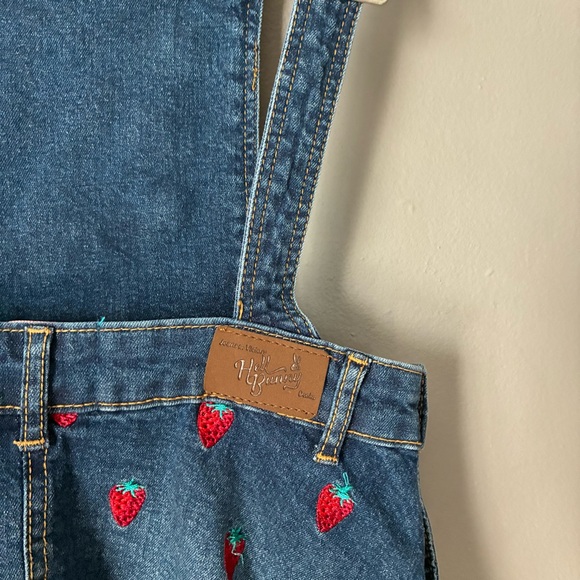 HELL BUNNY Strawberry Denim Pinafore Dress Pinup Novelty Embroidered Size M - Picture 7 of 11